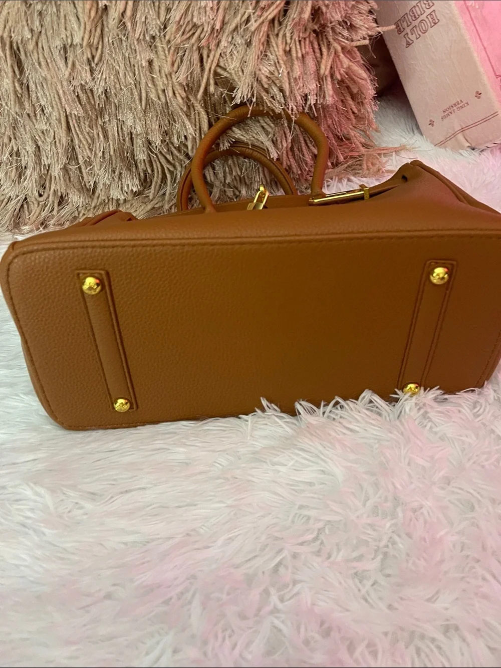Classic Tan Leather Satchel Handbag with Gold Hardware